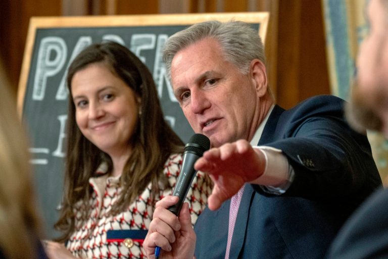 Speaker of the House Kevin McCarthy, of Calif., right, speaks about the proposed legislation dubbed the 