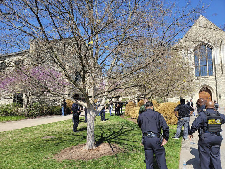 This photo provided by the Metro Nashville Police Department shows officers at an active shooter event that took place at Covenant School, Covenant Presbyterian Church, in Nashville, Tenn. Monday, March 27, 2023. 