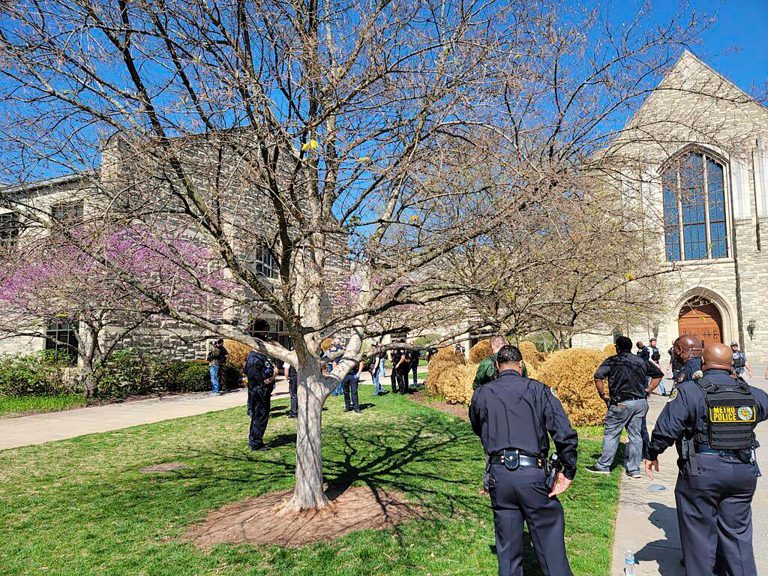 This photo provided by the Metro Nashville Police Department shows officers at an active shooter event that took place at Covenant School, Covenant Presbyterian Church, in Nashville, Tenn. Monday, March 27, 2023. 