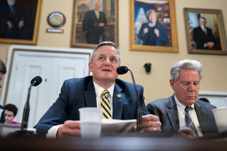 Rep. Bruce Westerman (R-AR), center, chairman of the House Committee on Natural Resources, at the Capitol in Washington on Monday, March 27, 2023. 