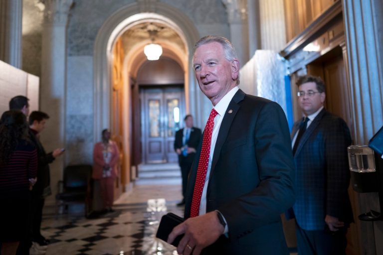 Sen. Tommy Tuberville, R-Ala., a member of the Senate Armed Services Committee, arrives for votes at the Capitol in Washington, Tuesday, March 28, 2023.