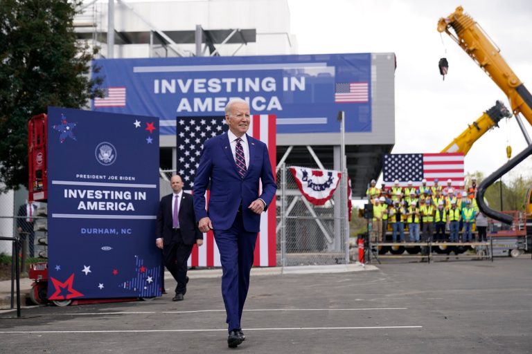 President Joe Biden arrives to speak at semiconductor manufacturer Wolfspeed Inc., in Durham, N.C., Tuesday, March 28, 2023. 