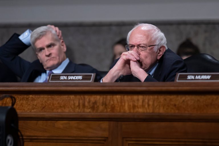 Sen. Bill Cassidy (R-LA), left, joins Senate Health, Education, Labor and Pensions Committee Chairman Bernie Sanders (I-VT), at the Capitol in Washington, Wednesday, March 29, 2023.