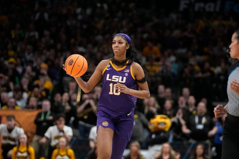 LSU's Angel Reese during the second half of the NCAA Women's Final Four championship basketball game against Iowa Sunday, April 2, 2023, in Dallas.