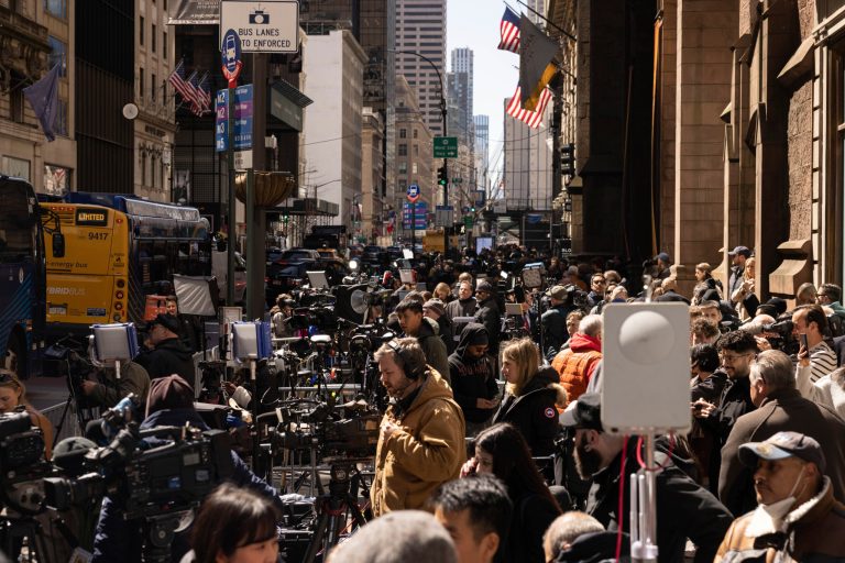 Members of media gather outside Trump Tower in New York, Monday, April. 3, 2023. 