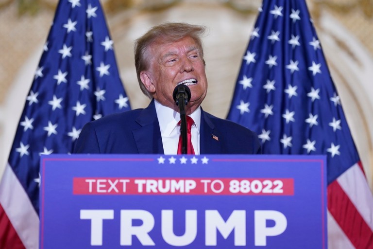 Former President Donald Trump speaks at his Mar-a-Lago estate Tuesday, April 4, 2023, in Palm Beach, Fla., after being arraigned earlier in the day in New York City. 