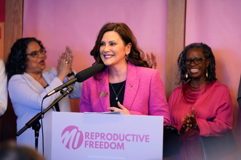Michigan Gov. Gretchen Whitmer addresses supporters before signing legislation to repeal the 1931 abortion ban statute, which criminalized abortion in nearly all cases during a bill signing ceremony, Wednesday, April 5, 2023, in Birmingham, Mich. 