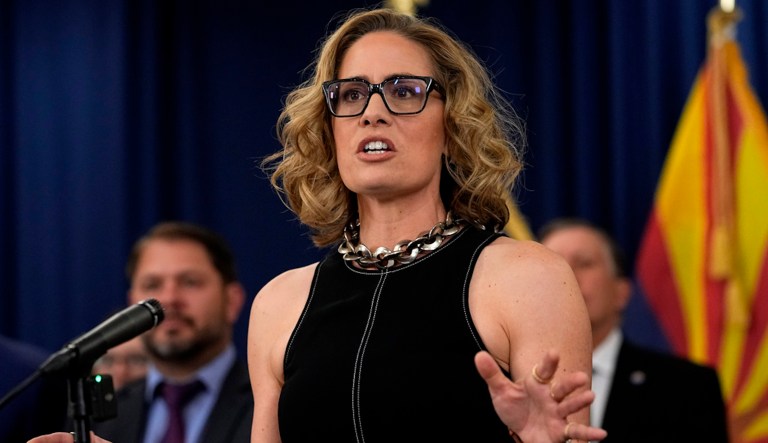 U.S. Sen. Kyrsten Sinema, I-Ariz., speaks at the Capitol, Thursday, April 6, 2023, in Phoenix. Sinema was discussing newly announced water conservation funding for Gila River Indian Community and water users across the Colorado River Basin aimed to protect the stability and sustainability of the Colorado River System.