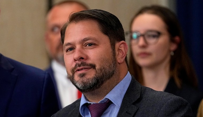 Rep. Ruben Gallego (D-AZ) listens during a news conference at the Capitol, Thursday, April 6, 2023, in Phoenix. 