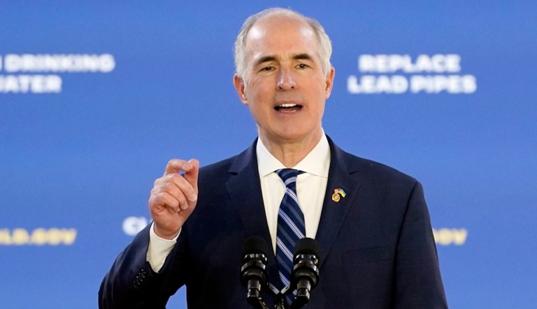 Sen. Bob Casey, D-Pa., speaks before President Joe Biden about his infrastructure agenda while announcing funding to upgrade Philadelphia's water facilities and replace lead pipes, Friday, Feb. 3, 2023, at Belmont Water Treatment Center in Philadelphia. Casey said heâll seek a fourth term, bringing unmatched name recognition in Pennsylvania politics to his party's defense of a seat in a presidential battleground state.