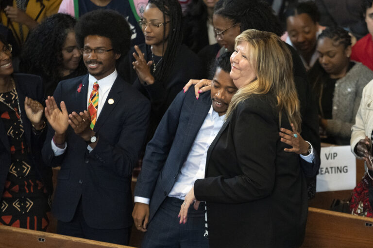 Expelled Rep. Justin Pearson, D-Memphis, from left, expelled Rep. Justin Jones, D-Nashville, and Rep. Gloria Johnson, D-Knoxville, are recognized by the audience at Fisk University before Vice President Kamala Harris arrives, Friday, April 7, 2023, in Nashville, Tennessee. 