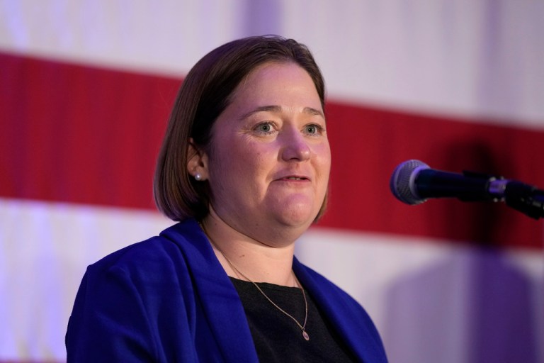 Brenna Bird, who was then the Iowa GOP's attorney general candidate, speaks during a 2022 election night rally in Des Moines, Iowa. 