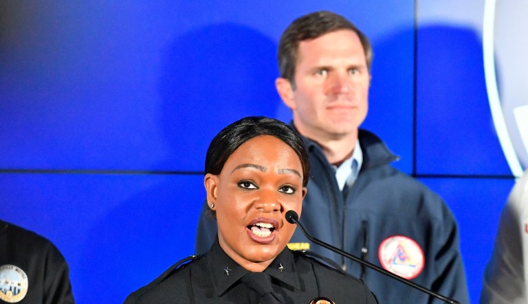 Louisville Metro Interim Police Chief Jacquelyn Gwinn-Villaroelin speaks to reporters during a press conference in Louisville, Ky., Monday, April 10, 2023. 