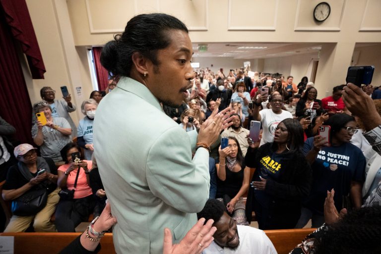 State Rep. Justin Jones, a Democrat, leads his supporters in song in the Metro Nashville City Council chamber as they await a special meeting Monday, April 10, 2023, in Nashville, Tennessee. Jones was appointed to represent District 52 by the Metro Nashville City Council after being expelled the previous week for using a bullhorn to shout support for pro-gun control protesters in the House chamber. 