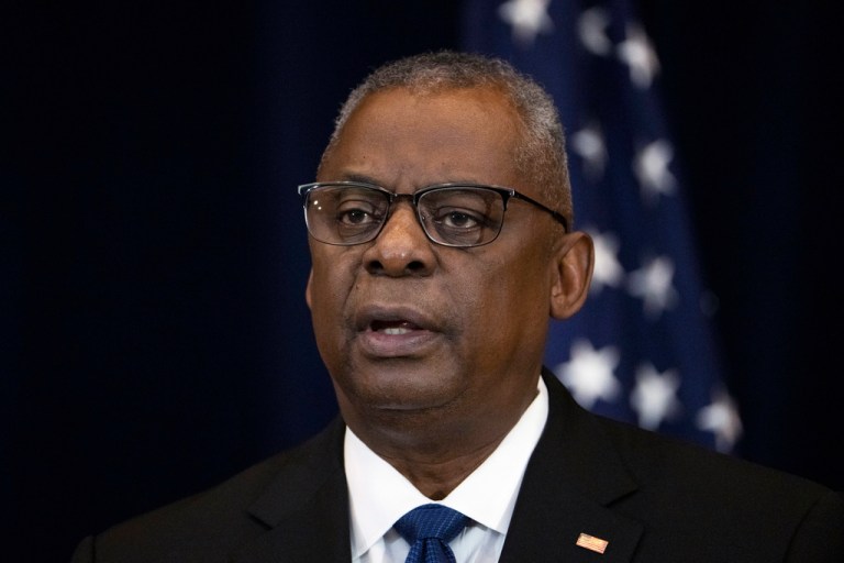 Defense Secretary Lloyd Austin speaks to reporters during a news conference at the State Department, Tuesday, April 11, 2023, in Washington. 