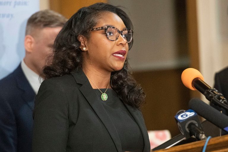 U.S. Congresswoman Emilia Sykes, D-Ohio, speaks at a media briefing Monday, April 17, 2023, at Ashworth Temple in Akron, Ohio.  (AP Photo/Phil Long)