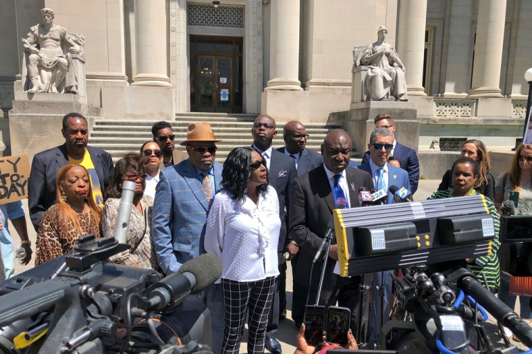 Attorney Ben Crump, and relatives for Tyre Nichols, discuss a lawsuit filed against the city of Memphis and police officers, Wednesday, April 19, 2023, in Memphis, Tenn. 