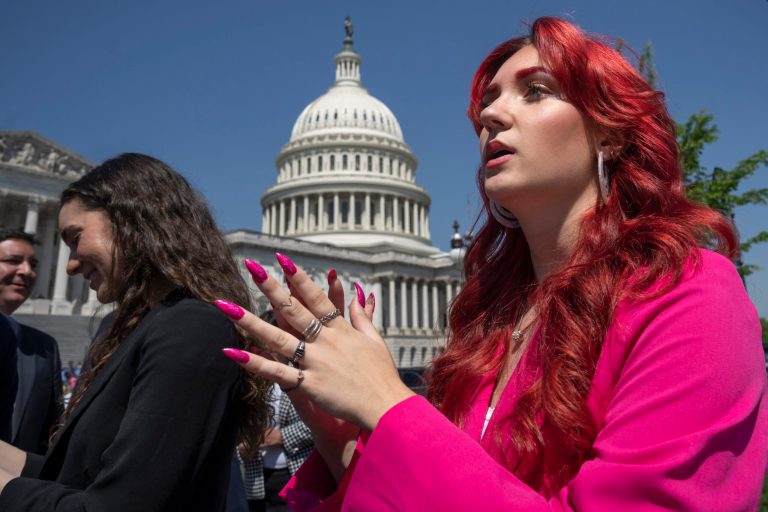 Selina Soule (right), a Connecticut track and field athlete who sued the state over a transgender policy that forced her to compete against transgender competitors in high school, is joined at left by Taylor Silverman, a competitive skateboarder who said she placed second to a transgender competitor and lost out on prize money, as they talk to reporters and lawmakers after the passage of a House Republican bill at the Capitol in Washington on April 20, 2023. 