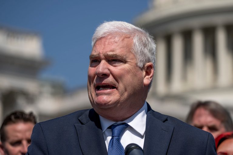 House Majority Whip Tom Emmer (R-MN) speaks as House Republicans celebrate the passage in the House of a bill that would bar federally supported schools and colleges from allowing transgender athletes whose biological sex assigned at birth was male to compete on girls' or women's sports teams at the Capitol in Washington, Thursday, April 20, 2023. 