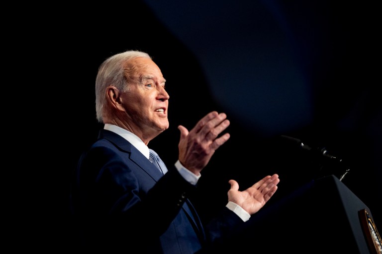 President Joe Biden speaks at the North America's Building Trades Union National Legislative Conference at the Washington Hilton in Washington, Tuesday, April 25, 2023. 