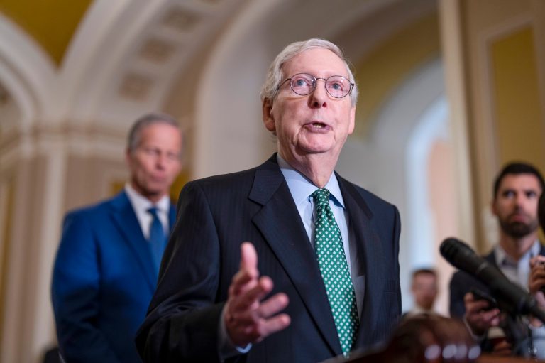 Senate Minority Leader Mitch McConnell, R-Ky., speaks with reporters about the struggle to fix the looming debt ceiling deadline, at the Capitol in Washington, Wednesday, April 26, 2023.