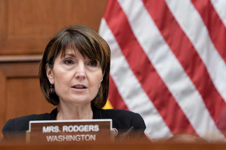 Rep. Cathy McMorris Rodgers (R-WA) speaks during a House Energy and Commerce Innovation, Data, and Commerce Subcommittee hearing on data privacy, Thursday, April 27, 2023, on Capitol Hill in Washington.