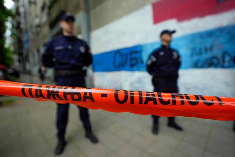 Police block streets around the Vladislav Ribnikar school in Belgrade, Serbia, Wednesday, May 3, 2023. A teenage boy opened fire early Wednesday in a school in central Belgrade, causing injuries. 