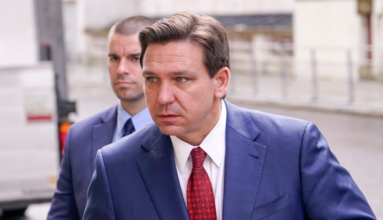 FILE - Florida Republican Gov. Ron DeSantis arrives at the Foreign Office to visit Britain's Foreign Secretary in London, April 28, 2023. (AP Photo/Alberto Pezzali, File)