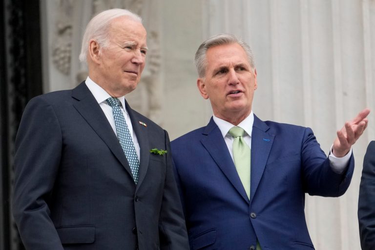 President Joe Biden talks with House Speaker Kevin McCarthy of Calif., on the House steps as they leave after attending an annual St. Patrick's Day luncheon gathering at the Capitol in Washington, Friday, March 17, 2023. Facing the risk of a government default as soon as June 1, President Joe Biden has invited the top four congressional leaders to a White House meeting for talks on Tuesday, May 9. 
