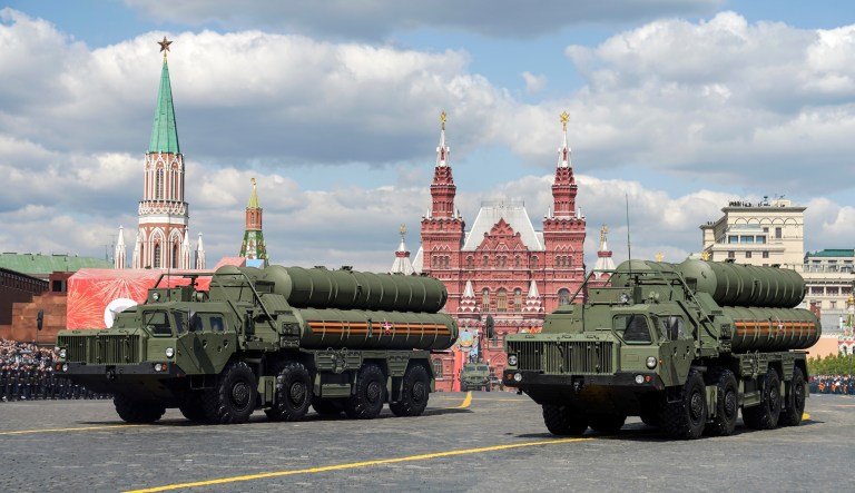 Russian S-400 air defense missile systems move at the embankment along the Kremlin wall after the Victory Day military parade in Moscow, Russia, Tuesday, May 9, 2023, marking the 78th anniversary of the end of World War II.