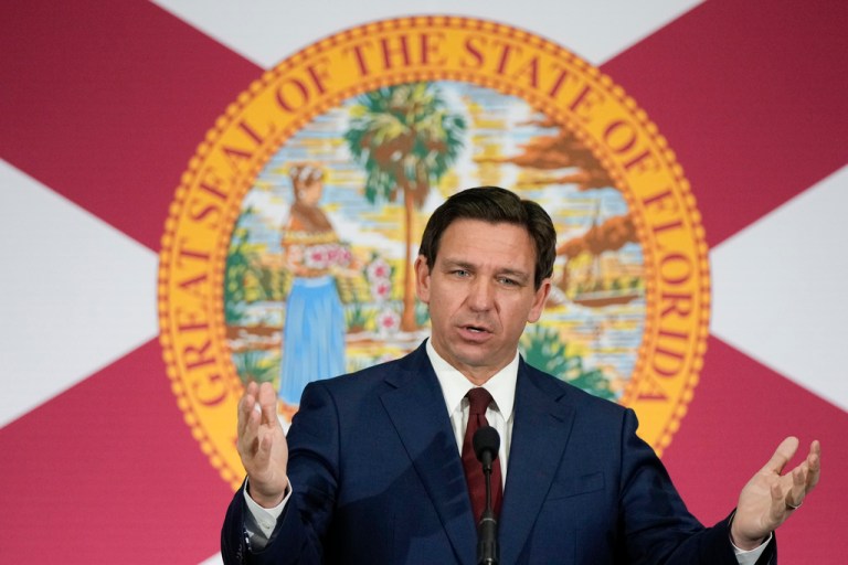 Florida Gov. Ron DeSantis speaks during a news conference to sign several bills related to public education and increases in teacher pay, in Miami, Tuesday, May 9, 2023. 