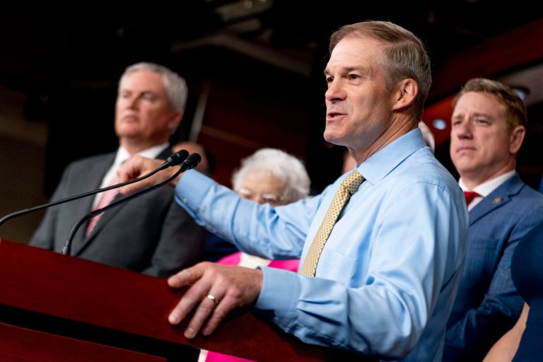 Rep. Jim Jordan (R-OH) accompanied House Oversight Committee Chairman James Comer (R-KY), left, speaks during a news conference on the House Republican's investigation into the Biden Family on Capitol Hill in Washington, Wednesday, May 10, 2023.