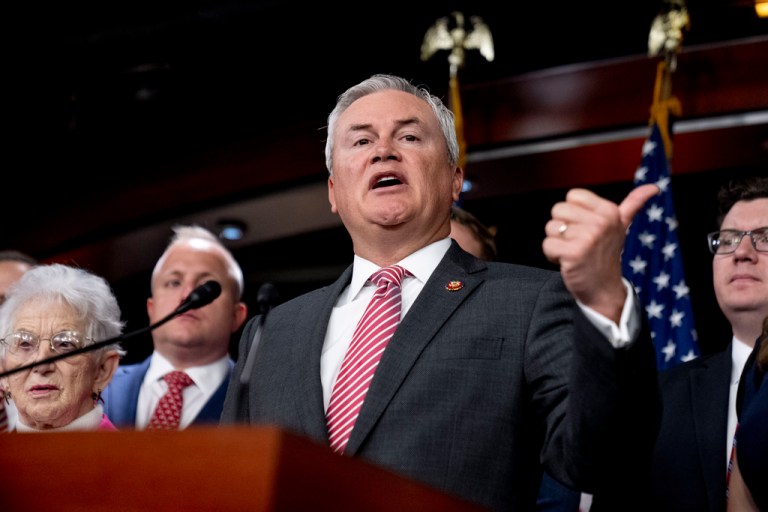 House Committee on Oversight and Accountability Chairman Rep. James Comer Jr., R-Ky., accompanied by House Republicans, speaks during a news conference on their investigation into the Biden Family on Capitol Hill in Washington, Wednesday, May 10, 2023. 