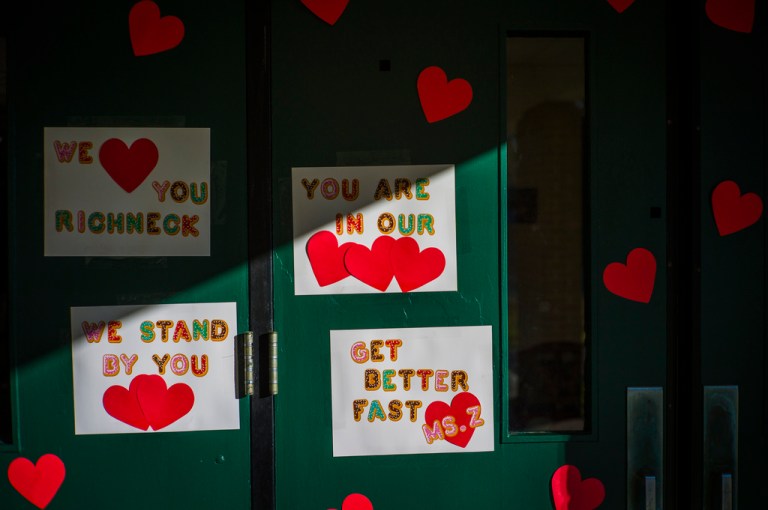 Messages of support for teacher Abby Zwerner, who was shot by a 6-year-old student, grace the front door of Richneck Elementary School Newport News, Va. on Jan. 9, 2023. Four months after a 6-year-old Virginia boy shot and wounded his teacher as she taught class, an attorney for the boyâs mother said it still is not clear how the boy got the gun. 