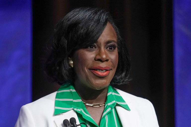 Philadelphia mayoral candidate Cherelle Parker takes part in a Democratic primary debate at the WPVI-TV studio in Philadelphia, April 25, 2023. 