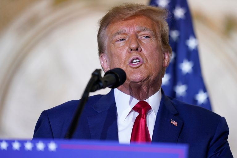 FILE - Former President Donald Trump speaks at his Mar-a-Lago estate Tuesday, April 4, 2023, in Palm Beach, Florida.  (AP Photo/Evan Vucci, File)