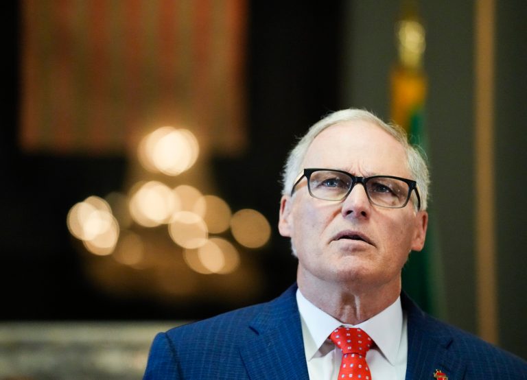 Gov. Jay Inslee (D-WA) speaks at the State Capitol in Olympia, Washington, on Tuesday, April 25, 2023.