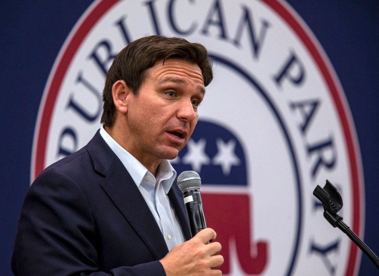 Florida Gov. Ron DeSantis speaks during an Iowa GOP reception, Saturday, May 13, 2023, at The Hotel at Kirkwood Center in Cedar Rapids, Iowa. 