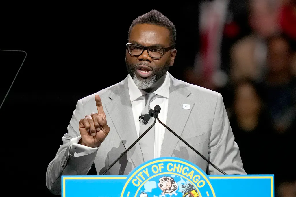 Chicago Mayor Brandon Johnson delivers his inaugural address after taking the oath of office as Chicago's 57th mayor Monday, May 15, 2023, in Chicago.