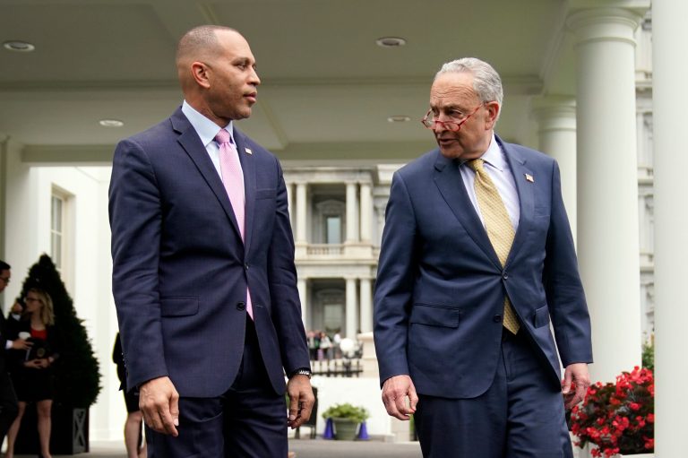 Senate Majority Leader Chuck Schumer of N.Y., and House Minority Leader Hakeem Jeffries of N.Y., arrive to talk to reporters after meeting with President Joe Biden, Vice President Kamala Harris, then-House Speaker Kevin McCarthy of Calif., and Senate Minority Leader Mitch McConnell of Ky., in the Oval Office of the White House, Tuesday, May 16, 2023, in Washington, about the debt ceiling. (AP Photo/Evan Vucci)