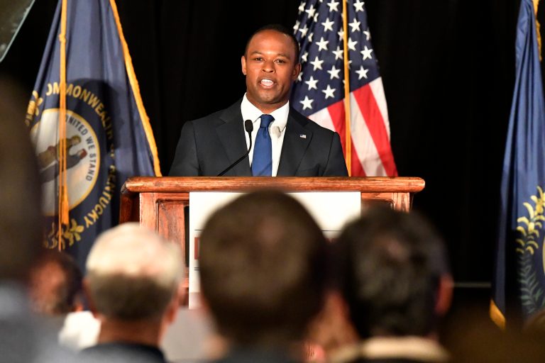 Kentucky Attorney General Daniel Cameron speaks to supporters following his victory in the Republican primary in Louisville, Kentucky, Tuesday, May 16, 2023.