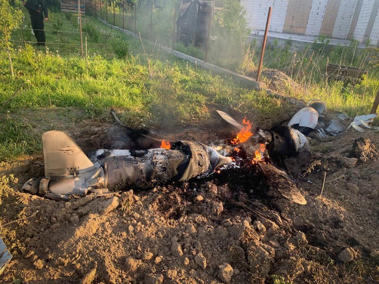 In this photo provided by the Ukrainian Police Press Office, fragments of a Russian rocket which was shot down by Ukraine's air defense system are seen after the night rocket attack in the Kyiv region, Ukraine, Thursday, May 18, 2023. 