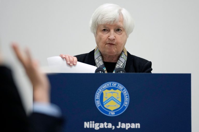 FILE - U.S. Treasury Secretary Janet YellenÂ takes questions from journalists during a press conference, at the G-7 meeting of Finance Ministers and Central Bank Governors, at Toki Messe in Niigata, Japan, May 11, 2023. (AP Photo/Shuji Kajiyama, Pool, File)