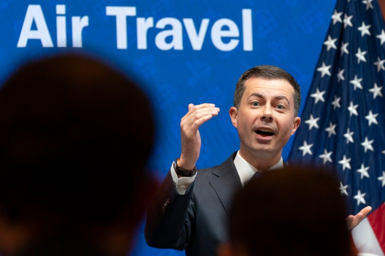 Transportation Secretary Pete Buttigieg speaks about summer airline travel ahead of Memorial Day weekend, Tuesday, May 23, 2023, at the Department of Transportation in Washington. 