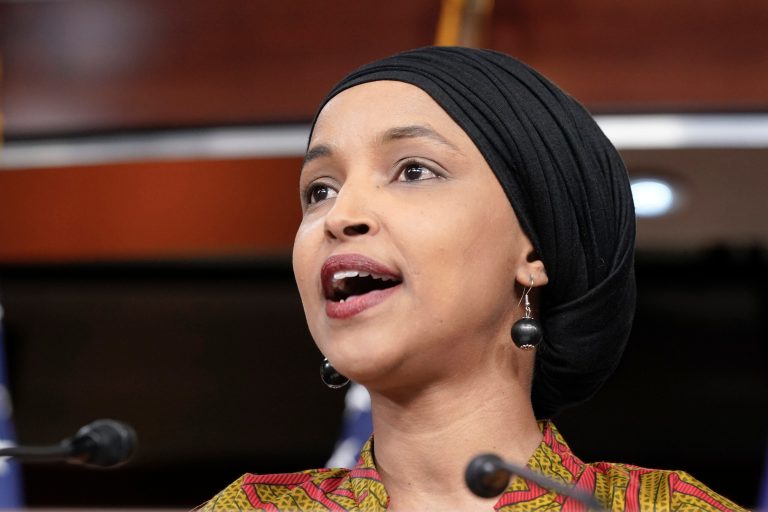 Rep. Ilhan Omar (D-MN) speaks about the threat of default during a news conference, Wednesday, May 24, 2023, on Capitol Hill in Washington.
