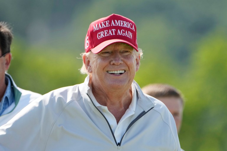 Former President Donald Trump during the LIV Golf Pro-Am at Trump National Golf Club, Thursday, May 25, 2023, in Sterling, Va.