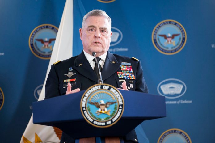 Chairman of the Joint Chiefs of Staff Gen. Mark Milley holds a press briefing with Defense Secretary Lloyd Austin at the Pentagon on Thursday, May 25, 2023 in Washington.