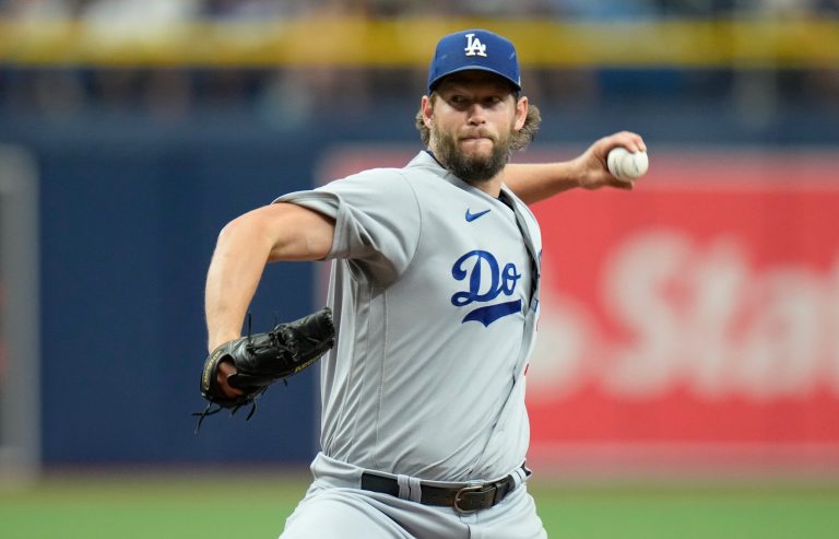 Los Angeles Dodgers starting pitcher Clayton Kershaw against the Tampa Bay Rays during the first inning of a baseball game Saturday, May 27, 2023, in St. Petersburg, Fla. 