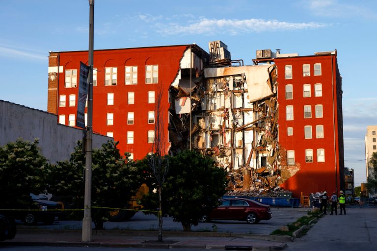 Emergency crews work the scene of a partial apartment building collapse Sunday, May 28, 2023, in Davenport, Iowa.