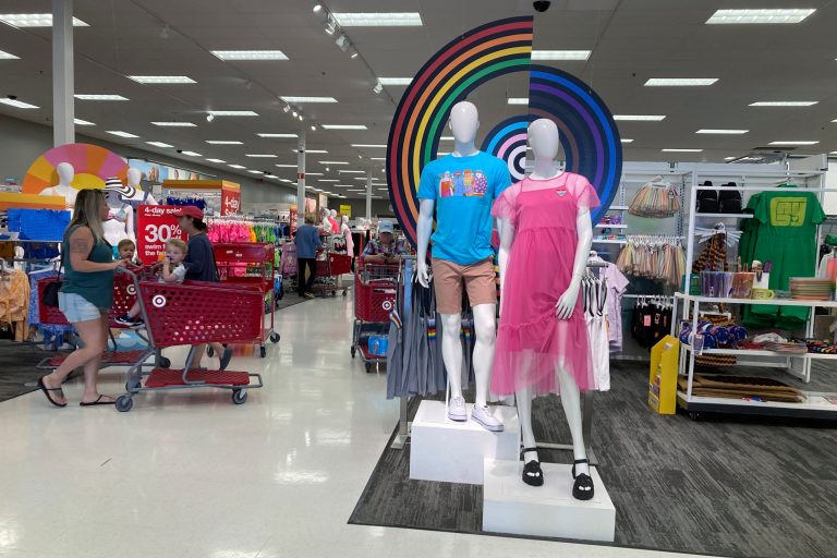 A Pride month merchandise display is at the front of a Target store in Dickson City, Pennsylvania, on Friday, May 26, 2023.